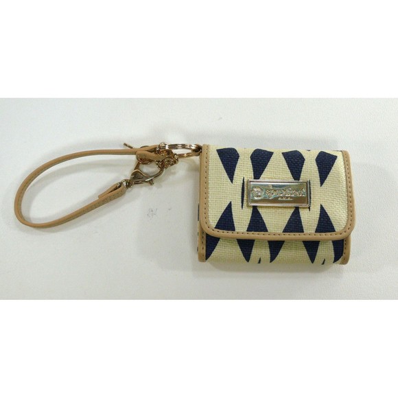 Spartina woven cream Canvas Wristlet flap Wallet leather trim ID window - Picture 1 of 8